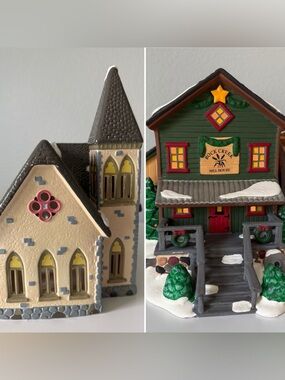Set of 2 retired Studio 56 snow village: Rock Creek House & Redeemer Church